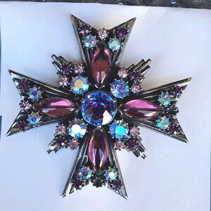 Vtg Florenza Blue Purple Rhinestone Aurora Borealis Maltese Cross Pin Pendant